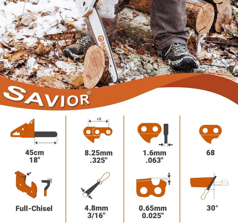 Savior 18 Inch Chainsaw Chain .325" Pitch, .063" Gauge, 68 Drive Links Fits MS250 MS251 (PRE 2023 .063" Gauge) Replacement for 26RS 68, 3005 008 4717-36390050068, V68 (3 Chains Full Chisel) - Image 2